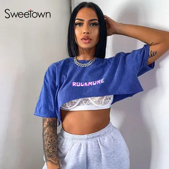 

Sweetown 2020 Summer Casual Letter Print Short Sleeve Blue Crop Top For Women Streetwear Loose Hip Hop Ladies Tee Shirt Harajuku