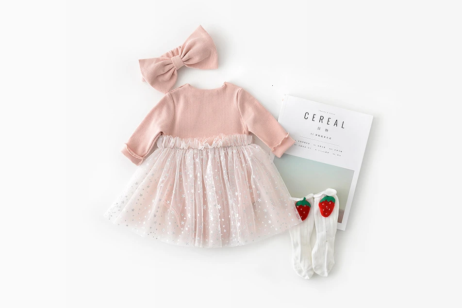 Autumn New Children's Princess Dress Korean Baby Girls Star Mesh Crown Long-sleeved Dresses Pink Tutu Dress Matched Headband Set