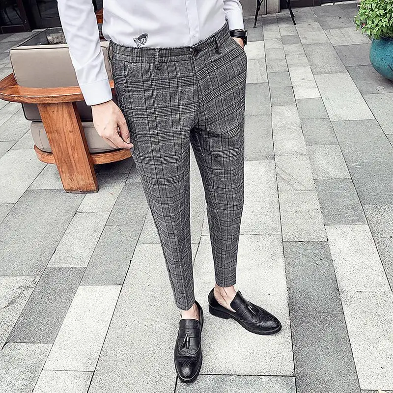 Для мужчин платье брюки в клетку для бизнес на каждый день Slim Fit ботильоны Длина Pantalon в Carreau Homme классический Винтаж костюм в клетку брюки для девочек на свадьбу - Цвет: Gray Suit Pants Men