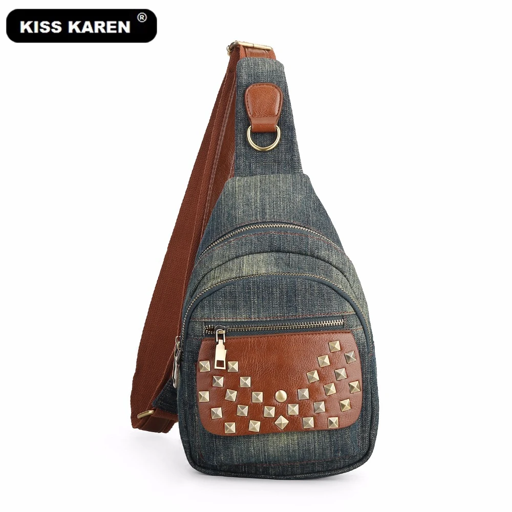 Модные сумки-слинги KISS KAREN с заклепками джинсовая женская нагрудная сумка