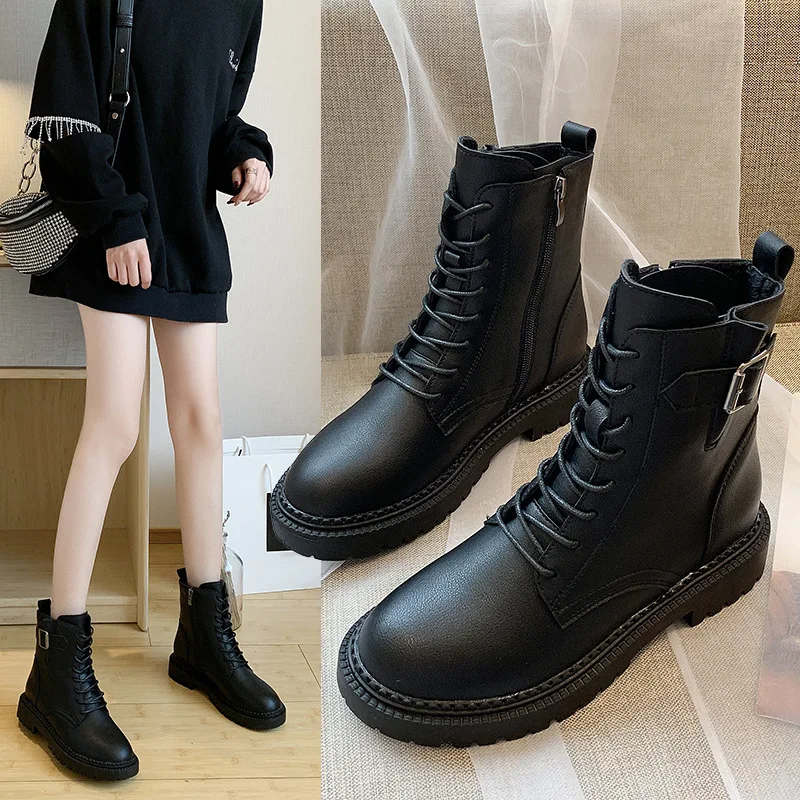 

Martin Boots Winter Models plus Velvet Warm Female Cotton Boots Ultra-Moved Waterproof Leather Boot round-Toe of Side Zipper Sho