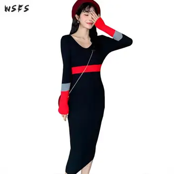 

Autumn Knitted Sweater Dress Womens Clothes Black Grey Bodycon Bandage Vintage Sexy Party Ladies Midi Pencil Wrap Korean Dresses