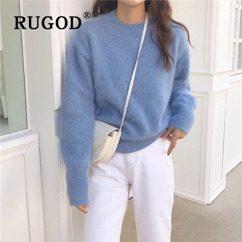 RUGOD, новые зимние теплые свитера, пуловеры для женщин, шерстяной вязаный свитер с круглым вырезом, модные женские корейские однотонные повседневные топы