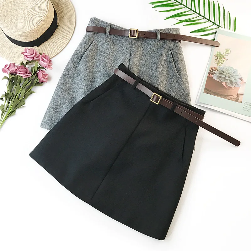 2020 Spring Summer New Arrival Vintage Quality Temperament High Waist A-line Office Skirts Womens With Belt Woolen Mini Skirt 2020 Spring Summer New Arrival Vintage Quality Temperament High Waist A-line Office Skirts Womens With Belt Woolen Mini Skirt