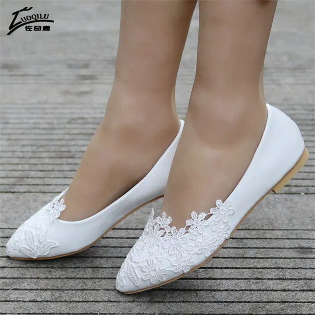 wedding shoes bride Flat Ballet Queen Shoes White Lace Crystal Wedding Casual Shoes Flat Heel For Women Princess Wedding size 43 3