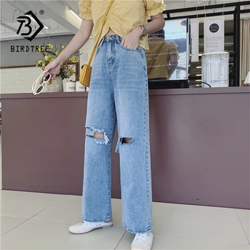 

Spring New Women Vintage High Waist Washed Blue Slouchy Mom Jeans Denim Ripped Hole Wide Leg Straight Pants Plus Size Trousers