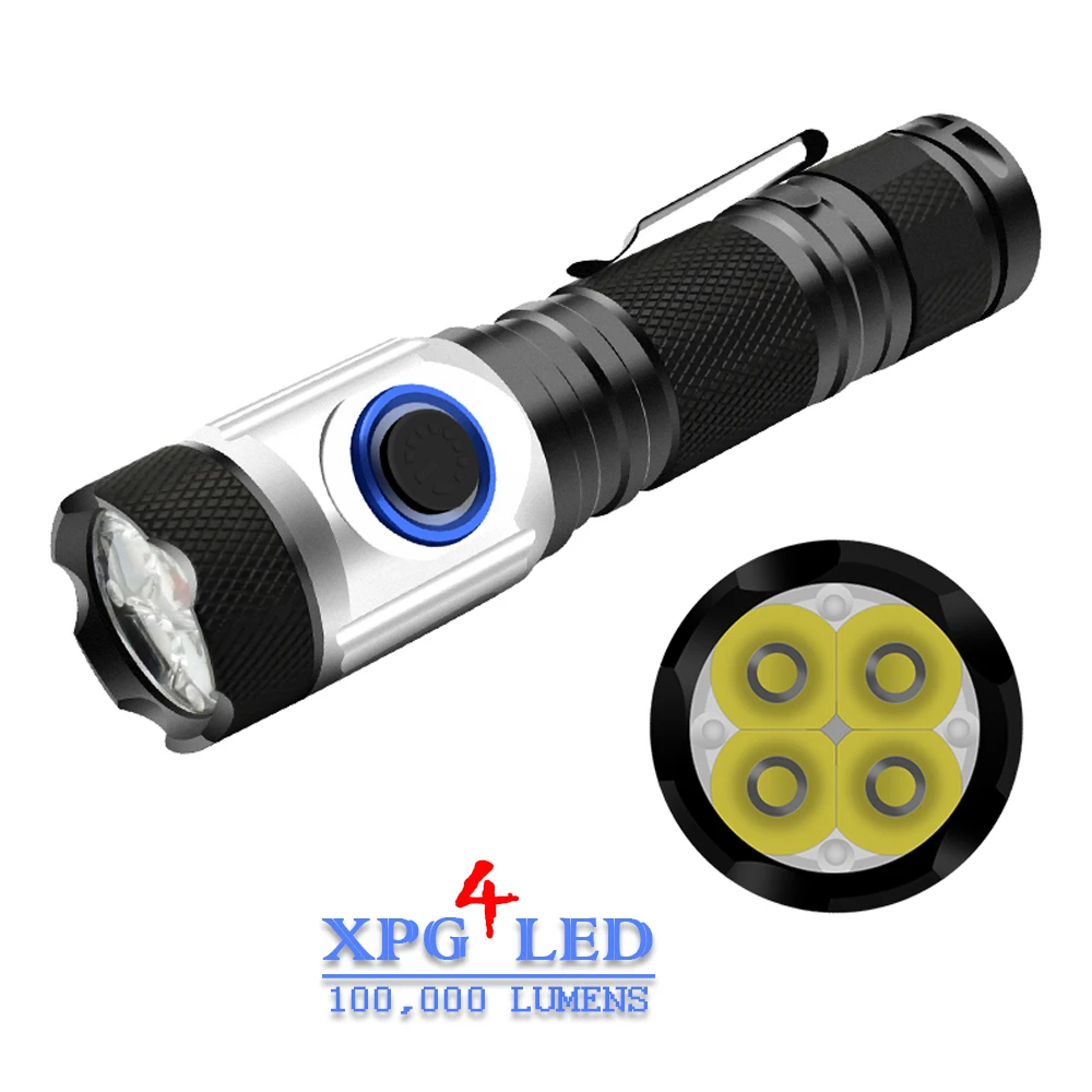 US $15.60 Mini Torch Most Powerful Led Mini Flashlight Usb 18650 Or 18350 Rechargeable 4XPG LED IPX6 Waterproof Tactical Flash Light