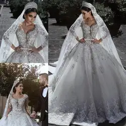 Гламурное бальное платье с длинными рукавами, свадебные платья 2019, бусины, кружева, аппликации для свадебных платьев Арабский