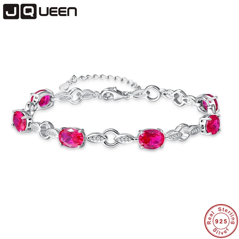 

JQUEEN 925 Sterling Silver Bracelet for Women with 6 Created Ruby Genuine 925 Silver Leaf Shape Charm Bracelets Party Jewelry