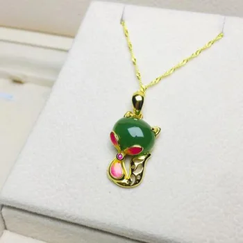 

Real 925 Silver Jasper HeTian Green Jade The Fox Dangle Lucky Pendant + Chain Necklace Fine Jewelry Certificate