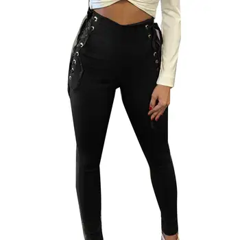 

Women Solid Color Side Bondage Back Zip High Waist Fitness Pencil Pants Trousers