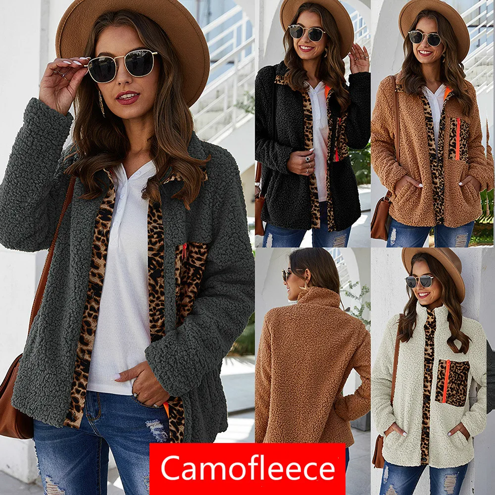 

New Hot Style Leopard Print Coat Women Patchwork Turn Down Collar With Pocket Buttons For Lamb Fleece Fashion Women Jacket