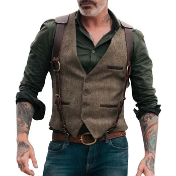

Puimentiua Men's Suit Vest Boutique Wool Tweed Slim Fit Leisure Cotton Male Gentleman Beckham Business Waistcoat For Wedding