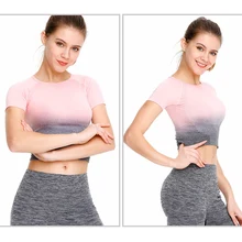 Женские спортивные брюки для занятий йогой футболки бесшовные спортивная, с коротким рукавом спортивные укороченный рубашка Спортивная одежда четырехходовой тянущиеся для фитнеса тренажерный зал топы Спортивные