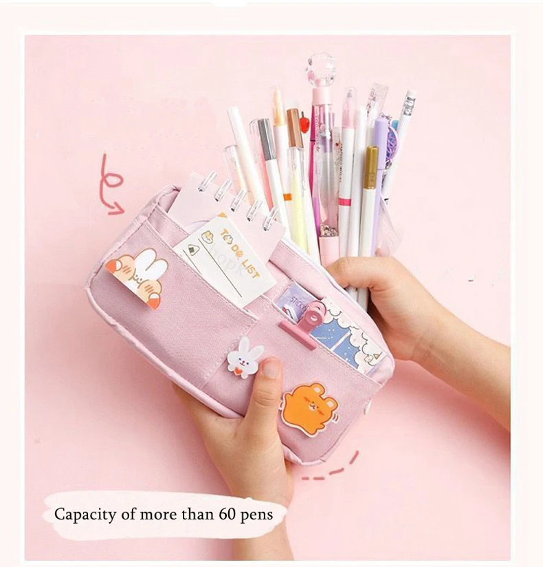 Kawaii Purple Canvas Pencil Case Cute Animal Badge Pink Pencilcases Large School Pencil Bags for Maiden Girl Stationery Supplies