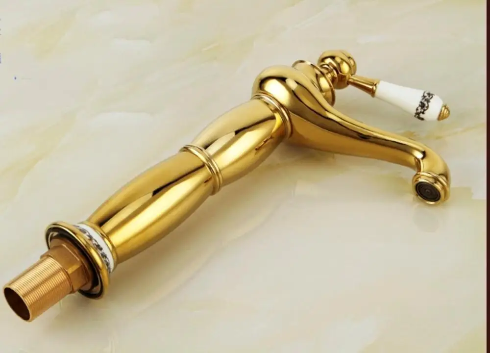 Basin Faucet Brass Gold Bathroom Sink Faucet Single Handle Ceramics Bath basin Deck Hot Cold Mixer Water Tap Crane