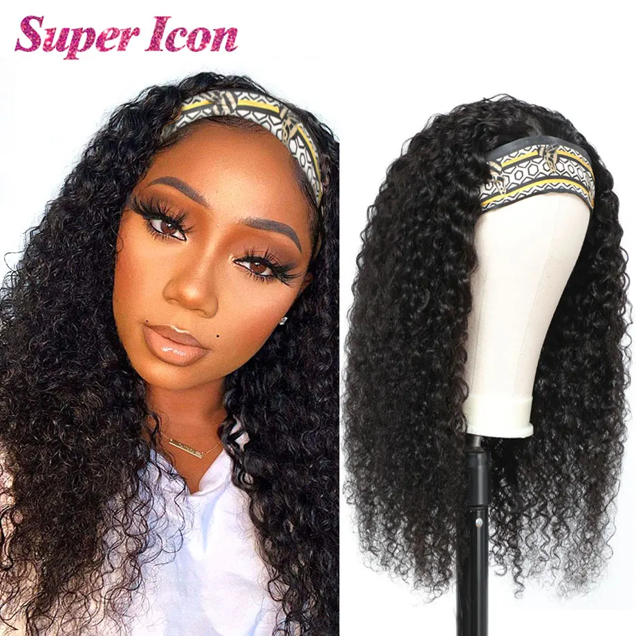 Headband Wig Human-Hair Kinky Curly Super-Icon No-Glue Full-Machine Made Brazilian Female