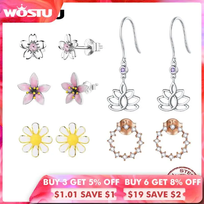 WOSTU 925 Sterling Silver Colorful Pink Cherry Romantic Flower Rose Lotus Elk Stud Earrings For Women Fashion Party Jewelry | Украшения и