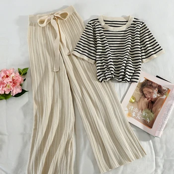 

Kintting Vintge 2 Piece Set Women Striped O Neck short Sleeve Pullover High Waist Wide Leg Pants Streetwear Sets