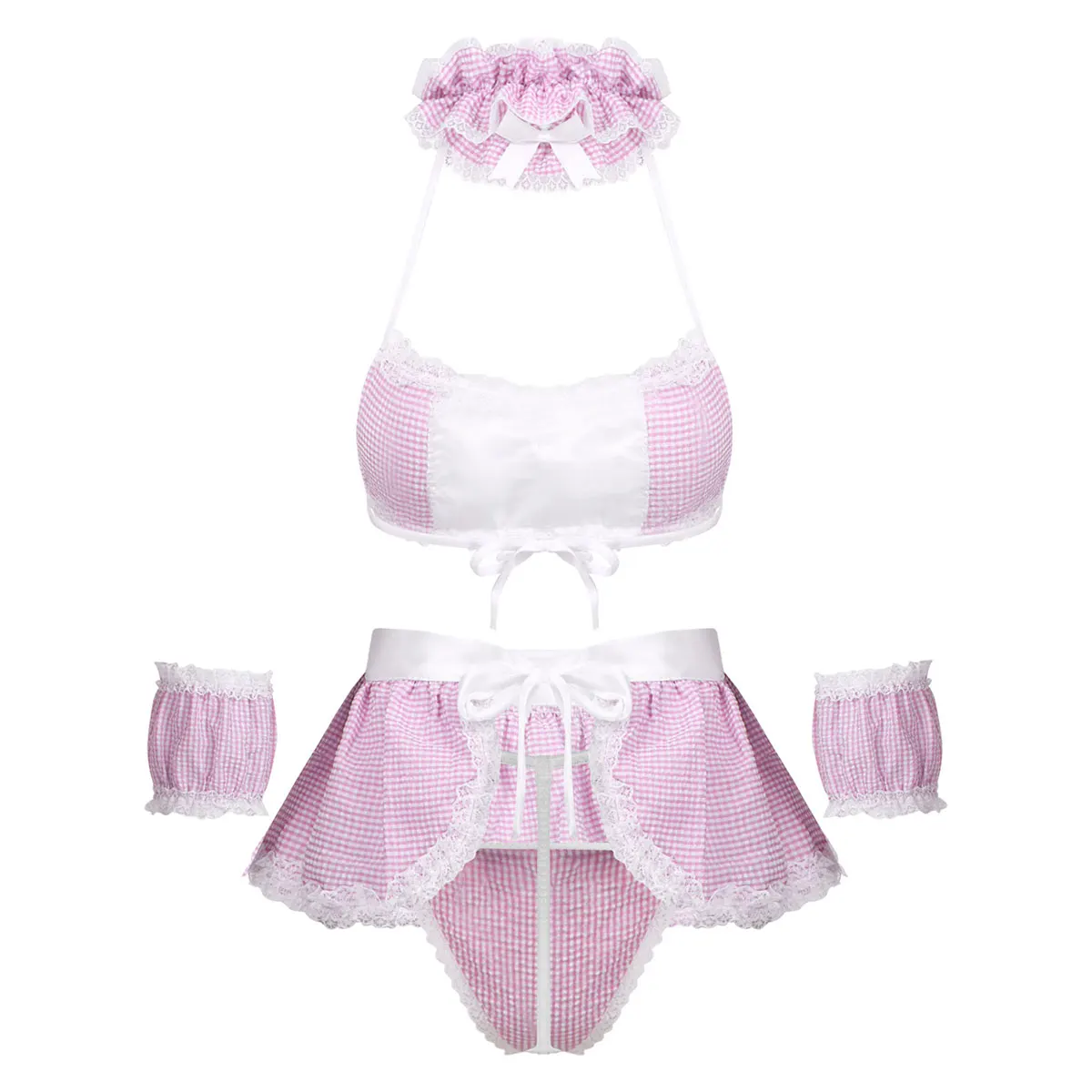 Womens Erotic Cosplay Costume Role Play Lingerie Set Ruffle Plaid Babydoll Lace-up Bra G-string Apron Sexy Schoolgirls Clubwear