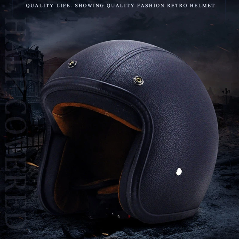 2021 Vier Seizoen Jet Helm Open Gezicht Motorcycle Custom Scooter Zwart  Lederen Casco|Helmets| - AliExpress