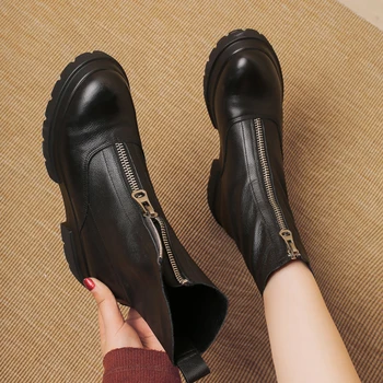 

INS hot Women Genuine Leather Boots plus size fashion Handmade cow leather patent leather Front zipper platform guidi boots