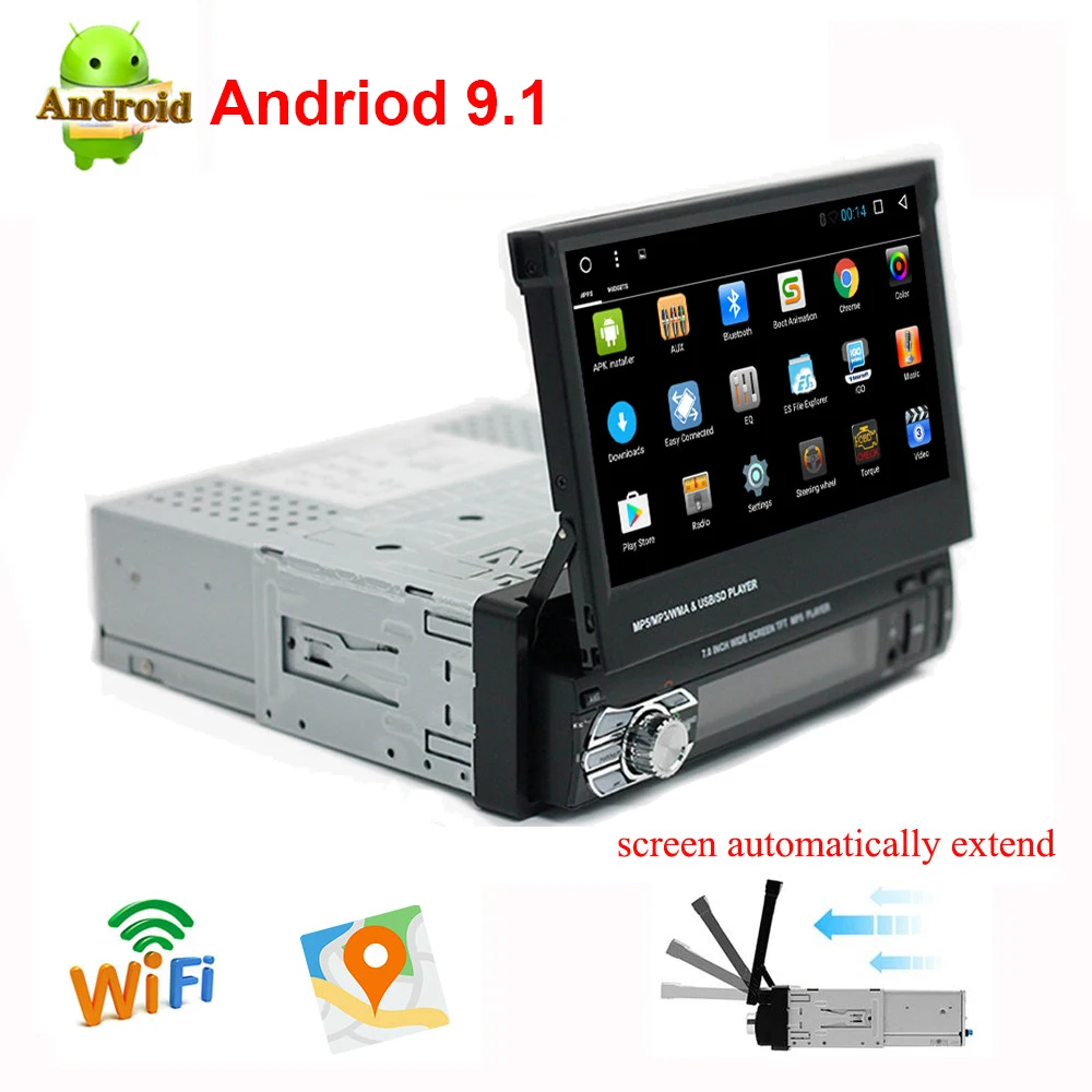 

7" HD Retractable Car Stereo Audio Radio 1 din Android 9.1 Car Multimedia Player Bluetooth SD FM USB Rear View Camera