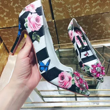 

Rhinestone Shoes Woman Pointed Toe Sandals Thin High Heels Flower Zapatos De Mujer Crystal Ladies Pump Elegan Party Dress Shoes