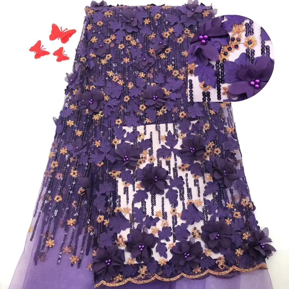 3D Цветы Дизайн Красивые африканские Кружева Ткань 5 ярдов Африканский тюль ткань с бисером для вечернего платья JIAAU051