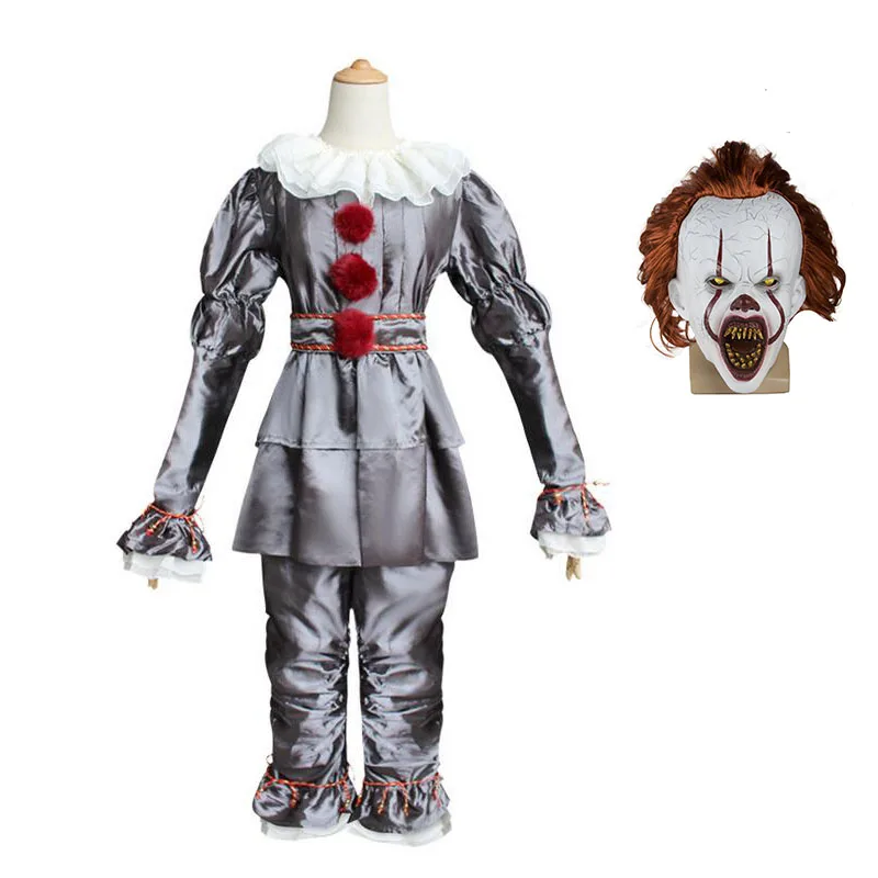 costume and mask 2 Ужас клоун Pennywise Косплей Костюм Серебряное платье+ латексная маска для женщин и мужчин Хэллоуин Карнавал смешные Джокер костюмы убийц взрослых - Цвет: costume and mask 2