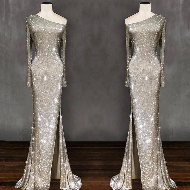 

Party Dress Slash Neck Solid Long Sleeve Maxi Dresses Off-Shoulder Sexy bulingling Dress Women