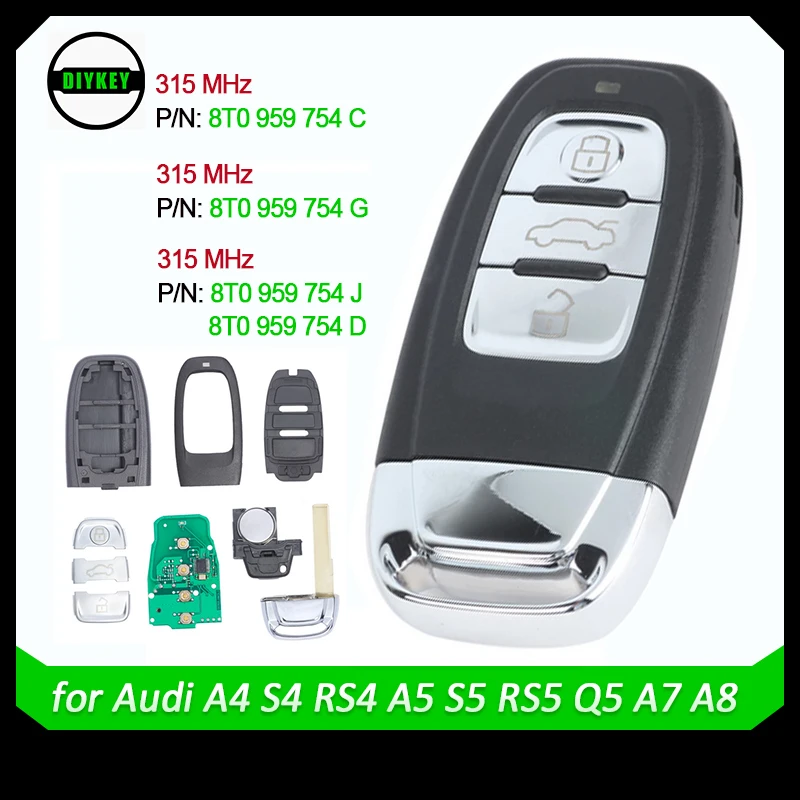 Chiave Auto Remota Intelligente Diykey Per Audi A4 S4 Rs4 A5 S5 Rs5 Q5 A7 A8 8T0 959 754 C 8K0 959 754 G 8T0 959 754 J 8T0 959 754 D