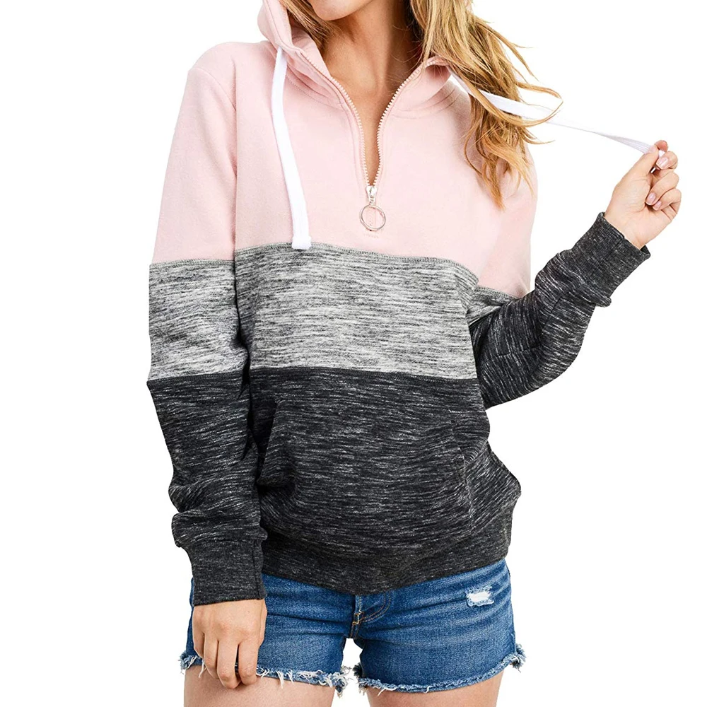 OEAK Womens Long Sleeve Winter Hooded Hoodies Zip Up Color Patchwork Tops Casual Loose Sweatshirt with Pocket Plus Size - Цвет: Color 6