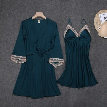 

Tunic Sleepwear Women Pijamas Dress Robe Sleep Sets Silk Pajama Dress Long Sleeve Sexy Nightgown Home Clothes Lounge Wear Set