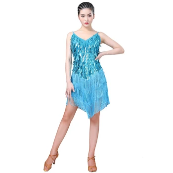 

Latin Dance Dress Fashion Personality Drop V-neck Sling Sequined Skirt Fringed Skirt Latin Dance Performance Clothing