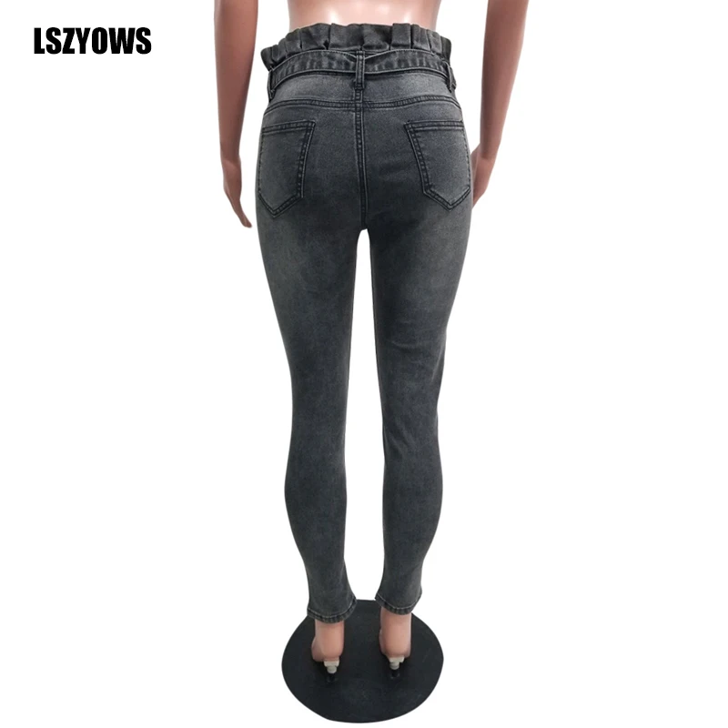 Осень-зима, женские джинсы с высокой талией и поясом, джинсовые брюки-карандаш, винтажные повседневные обтягивающие джинсы с оборками, брюки размера плюс