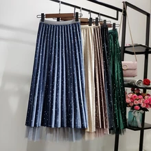 Женская плиссированная юбка с высокой талией, с пятнами, с сетчатым подолом, трапециевидная Светоотражающая тканевая юбка средней длины, Женская юбка, плиссированная юбка