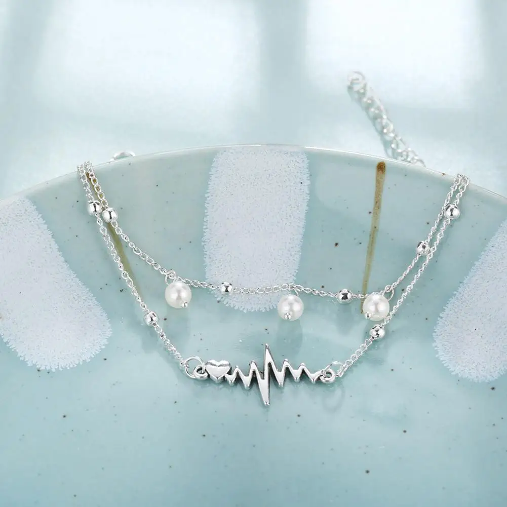 Retro Simle Electrocardiogram Shaped Artificial Pearls Anklet for Women