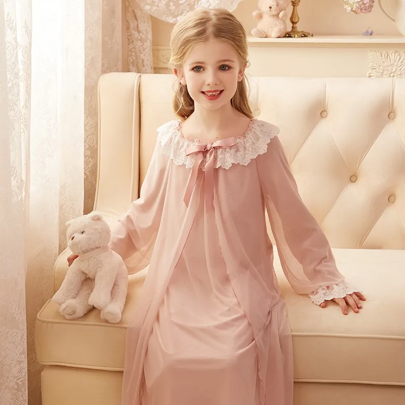 2-12 Years Little Princess Leisure Nightgowns For Girls Children Soft  Cotton Lace Long Sleepwear Kids Home Night Dress Clothes