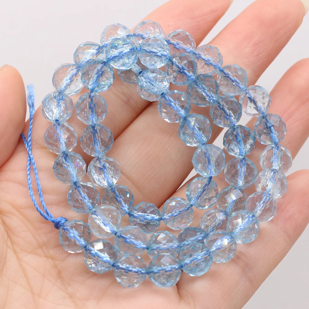 Natural Stone Beads Round Shape Faceted Blue Topaz Loose Spacer Beaded For Jewelry Making DIY Bracelet Necklace Accessories