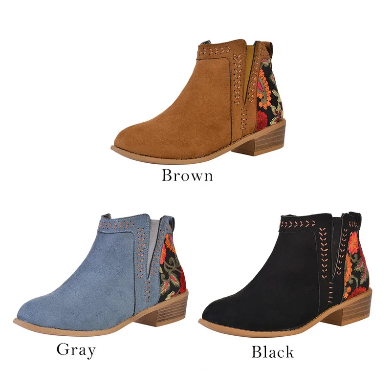 Женские ботинки с вышивкой; Замшевые полусапожки в этническом стиле; повседневные ботинки без застежки; ботинки на низком каблуке с круглым носком; Зимние ботильоны