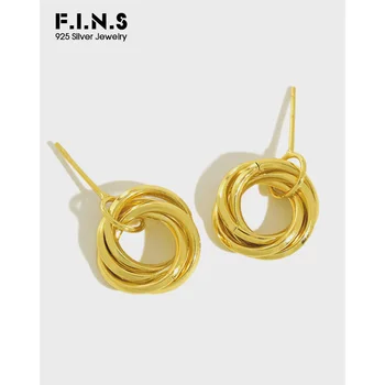 

F.I.N.S Pure 925 Sterling Silver Earrings Crossed Round Earrings Gold Color Multi Circles Drop Earrings Korean Fashion Jewelry