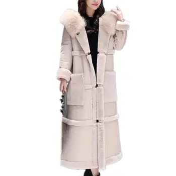

Women Autumn Winter Overcoat Lamb Fur Coat With Big Hooded Parka Thick Faux Leather Thick Warm Long Fur Jacket Coat Outwear