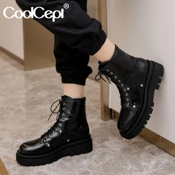 

CoolCept Women Ankle Boots Fashion Lace Up Shoes Women Casual Thick Bottom Boots Cool Winter Shoes Women Footwear Size 34-43