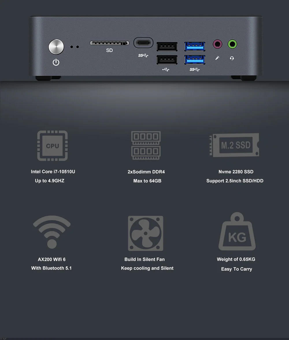 Chatreey Mini PC KC10 with Intel 10th Gen Core i5 10210U/i7 10510U, Windows 10 Pro, DDR4, Desktop Gaming Computer - Windows 11 Support. Description Image.