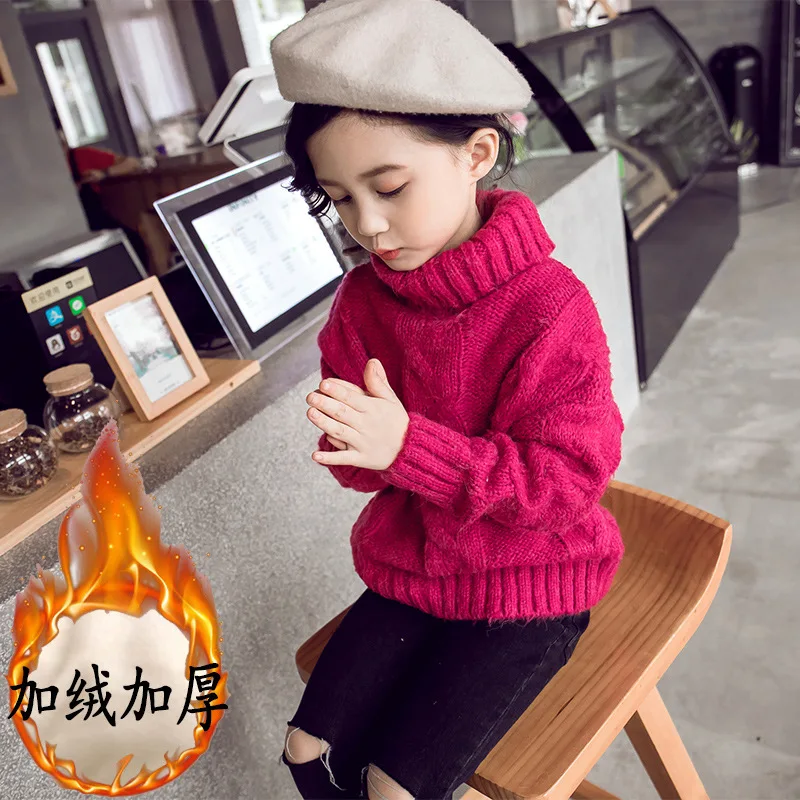 

2019 Winter New Style Girls Thick Sweater Big Boy High Collar Pullover Base Shirt Children Korean-style Loose Cotton Knitwear