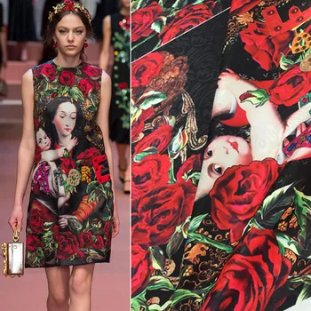 

98X144cm Fashion Week Runway Rose Amore Printed Jacquard Dress Fabric for Autumn Winter Dresses Sewing DIY