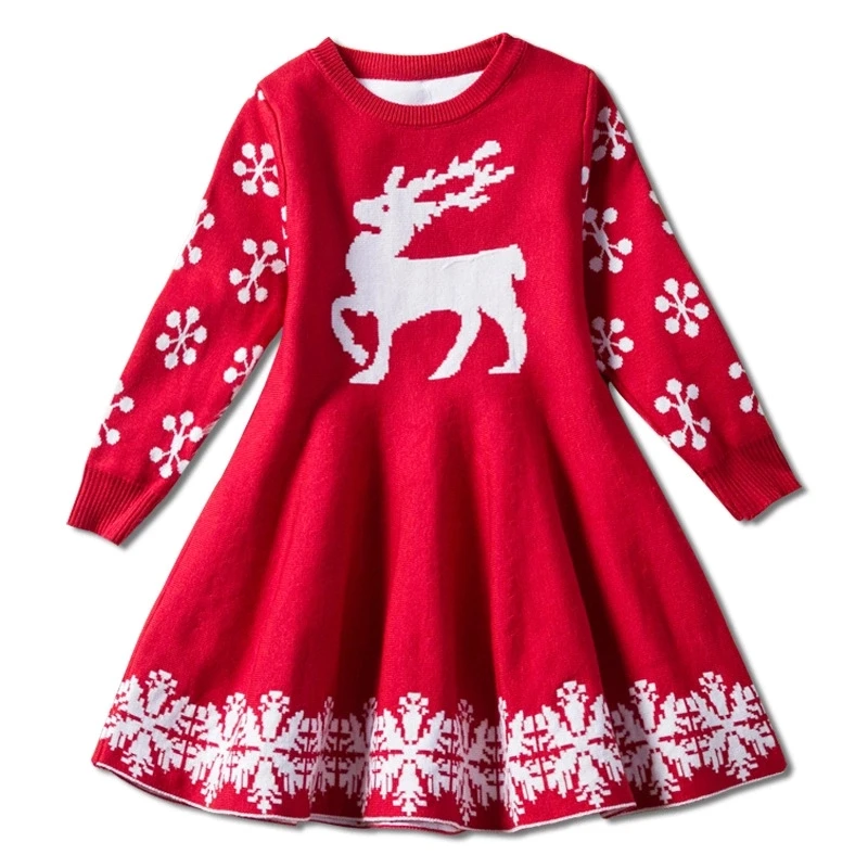 

Children's Girls Long Sleeve Knitted Deer Snowflake Print Dress Princess Dress Child Christmas Clothes Show Costume Vestidos