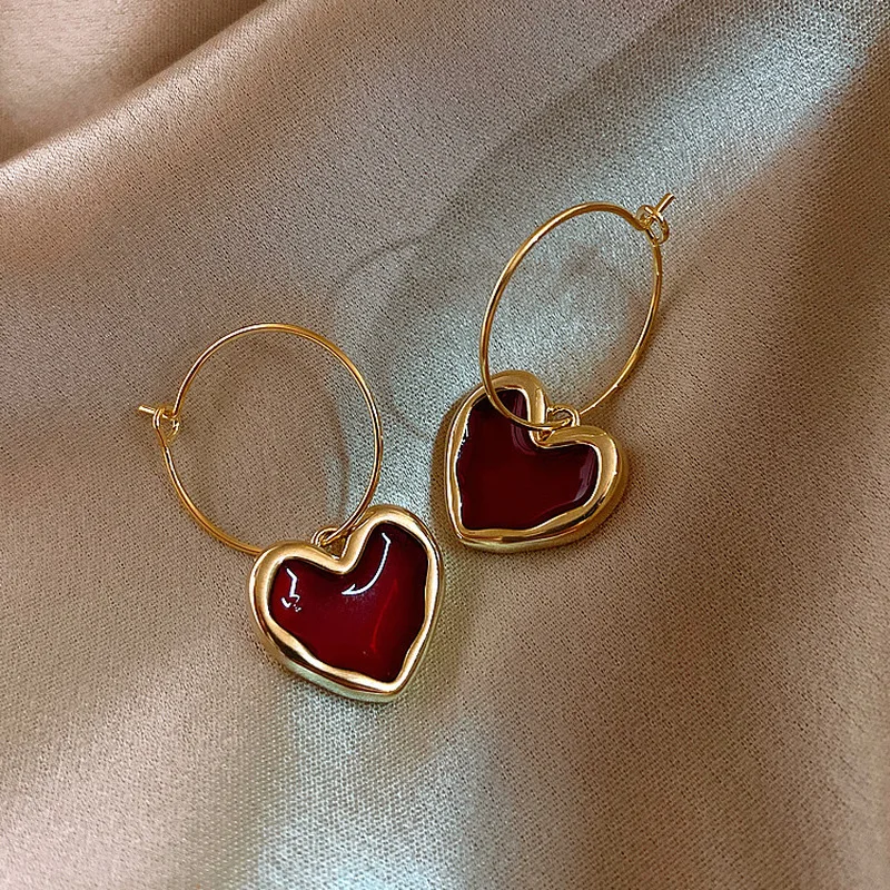 Hook Earrings Vintage Jewelry Burgundy Love-Heart-Hanging Women Metal Gold-Color Enamel