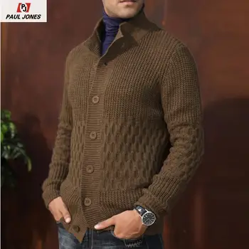 

PAUL JONES Knitwear Men's Long Sleeve Cardigan Sweater Soft Knitted Button Jacket Stand Collar Honeycomb Cardigan Coat PJA02003
